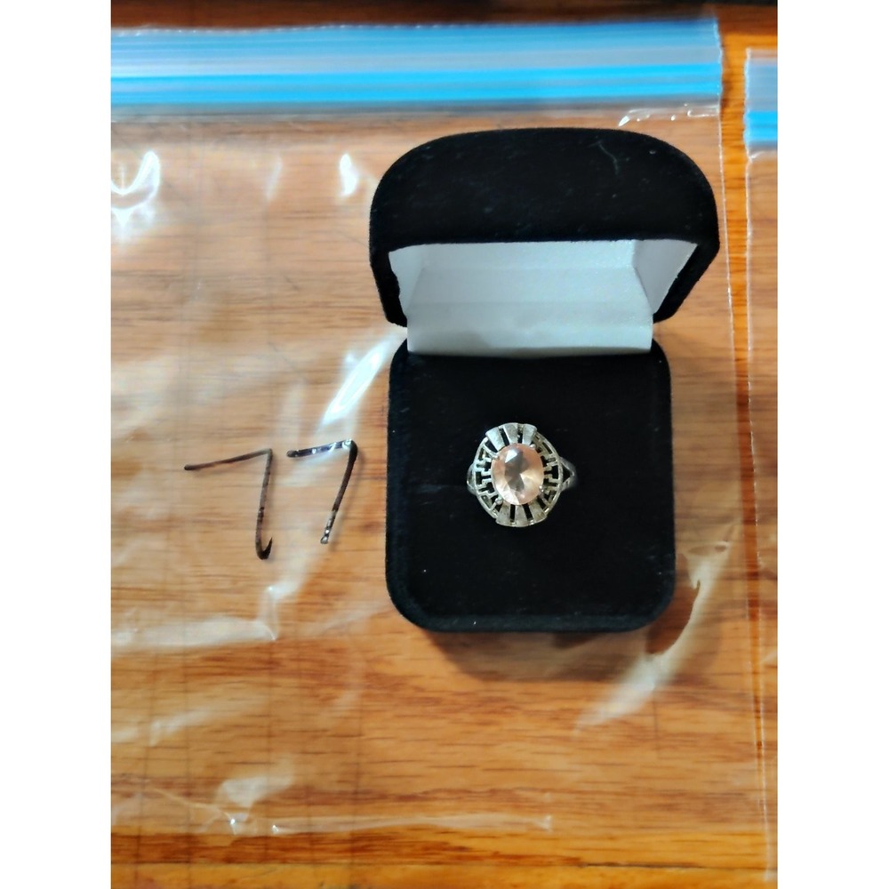 Vintage 925 Pink Stone Art Deco Filigree Cocktail Ring Size 7.5